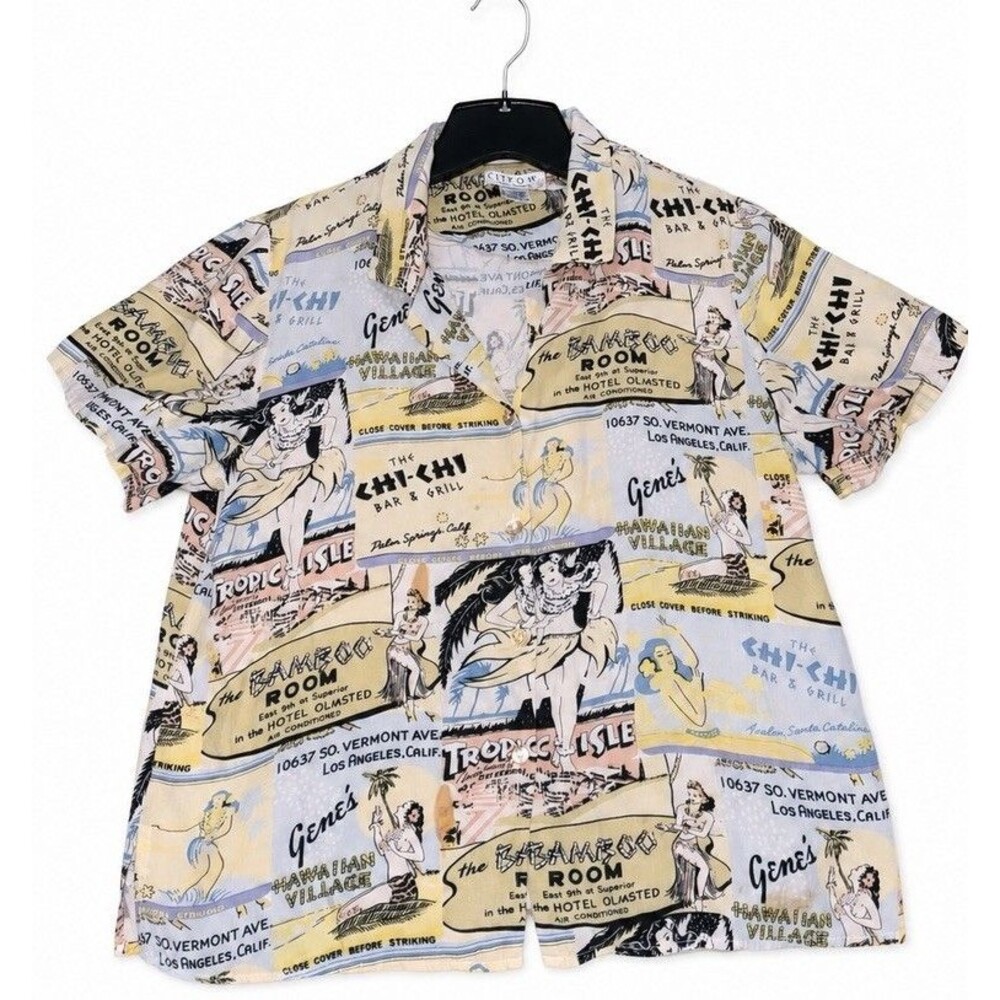Citron Santa Monica Hawaiian Postcard Novelty Print Rayon Shirt Size L